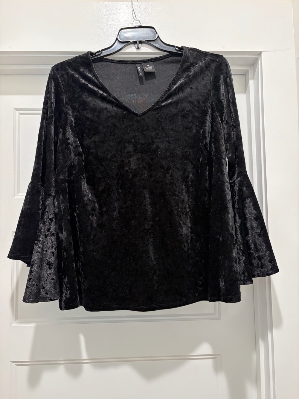 Velvet V-Neck Bell-Sleeve Top - Black